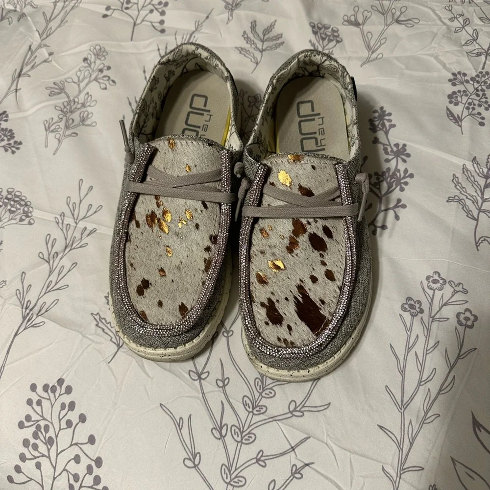 Custom Hey Dudes with Acid Wash Cowhide and Rose Gold trim - Picture 2 of 4